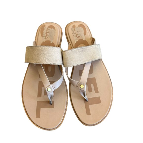 Sorel Ella II Slip-On Flip Flop Sandals Suede Leather Neutral Tan Size 8 Women's - Picture 3 of 11